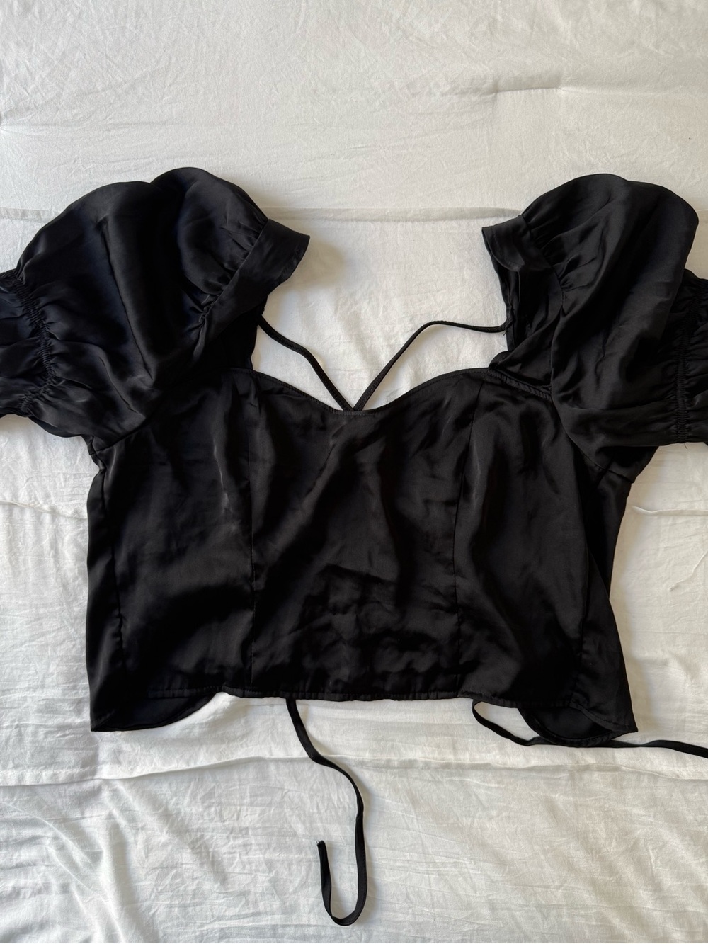 H&M Black Satin Puff-Sleeve Crop Top